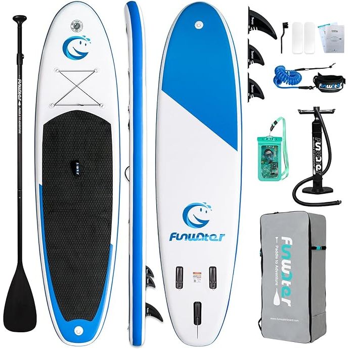 The FunWater Stand Up Paddle Board is an ultra-light inflatable paddleboard designed for adults and youth of all skill levels. It is made from high-quality PVC material with a drop-stitch construction that allows for maximum durability and stability on the water.