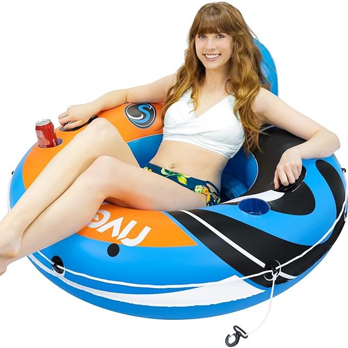 The River Blazer is the ultimate float for maximum comfort on the water. With a spacious 49 inch diameter and a headrest, it feels like lounging on your own couch. The float has a 300 lb max weight capacity, making it suitable for most adults to relax and enjoy the sun.