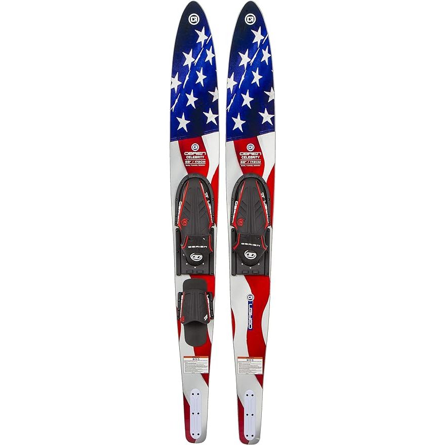The Obrien Celebrity 68 Water Ski with X-7 Adjustable Bindings is a high-quality water ski designed for beginner to intermediate skiers. It features a beveled edge and wide forebody to help with stability and ease of use, making it a great choice for those new to the sport.