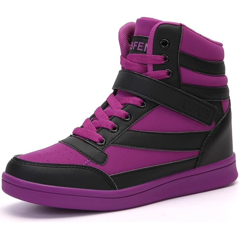 The UBFEN Women's High Top Ankle Support Sneakers are designed for both style and comfort. These sneakers feature a vibrant color palette and a hidden wedge heel, giving them a retro 80s tennis shoe aesthetic. The high top design provides additional ankle support, making them a great option for everyday wear or for cosplay events.