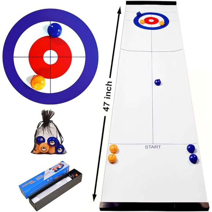 Tabletop curling is a miniature version of the popular winter sport that can be played indoors on a small tabletop. The game typically consists of a curling mat or board with target circles, along with miniature stones or pucks that players use to slide towards the target.