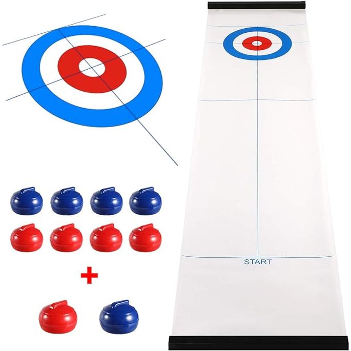 Tabletop curling is a fun indoor sports game that can be enjoyed by kids, adults, and families. It provides a miniature version of the popular Olympic sport of curling, making it a great activity for all ages to enjoy. The game comes with a set of 8+2 tabletop curling stones, allowing multiple players to participate in the game.