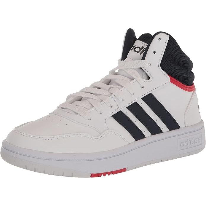 The adidas Men's Hoops 3.0 Mid Sneaker is a stylish and comfortable basketball-inspired shoe. It features a mid-cut design for ankle support and protection during athletic activities. The upper is made of synthetic leather and suede for durability and a premium look.
These sneakers also have a cushioned collar and tongue for added comfort.