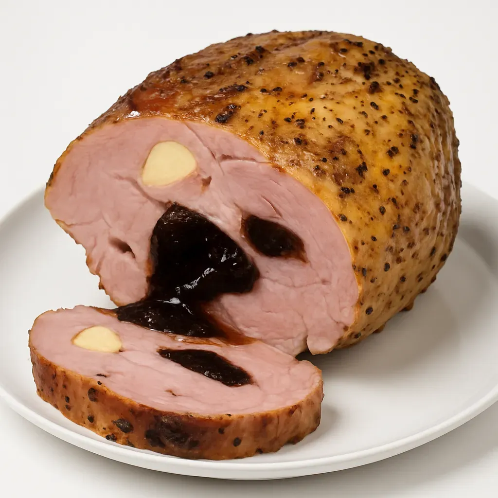 A festive European dish featuring a succulent pork neck roast, infused with the rich flavors of glögg-soaked prunes and gingerbread-spiced apples, ideal for holiday celebrations.