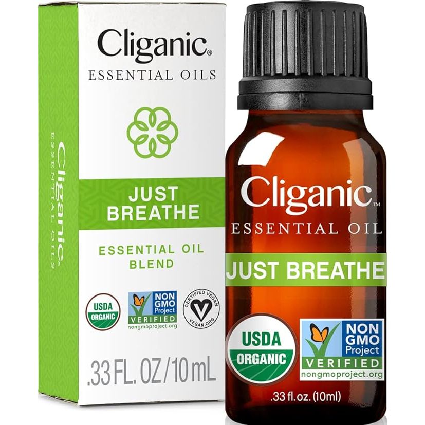 Cliganic Just Breathe is a certified organic essential oil blend made with only five pure essential oils, free of any synthetic additives. The blend of eucalyptus, peppermint, lavender, tea tree, and rosemary oils create a refreshing and invigorating aroma that is perfect for promoting clear breathing and a sense of wellness.