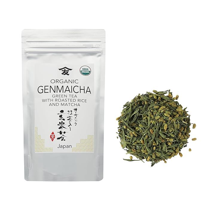 TOMOSAN Organic Genmaicha Tea is a premium loose leaf Japanese green tea blend that combines genmai (roasted brown rice) with matcha for a unique and flavorful taste. This tea is USDA certified organic and sourced from the Uji region in Kyoto, known for producing high-quality tea leaves. The 100g/3.