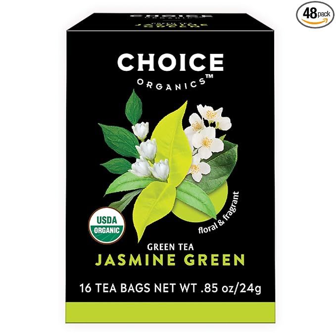 Choice Organics - Organic Jasmine Green Tea is a premium blend of green tea scented with jasmine blossoms. This 3-pack contains a total of 48 organic green tea bags, allowing you to enjoy the delightful aroma and taste of jasmine-infused green tea whenever you please.