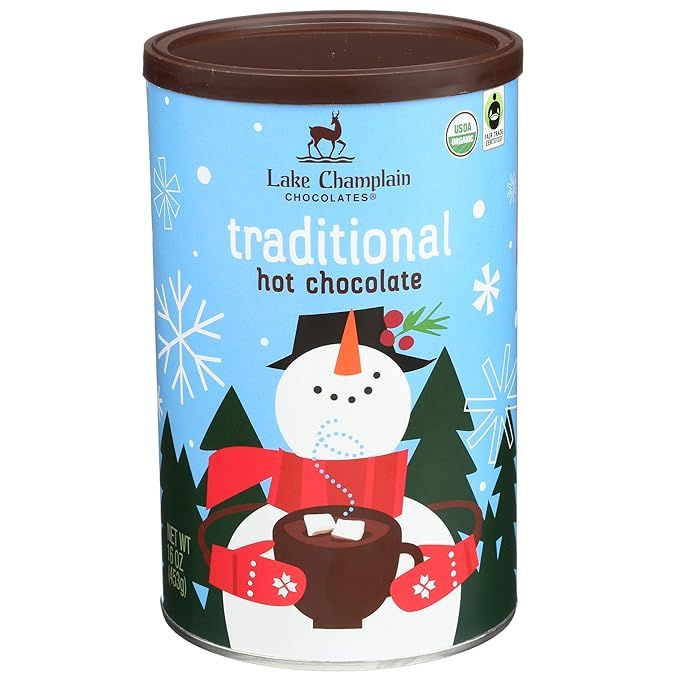 Lake Champlain Chocolates Organic Traditional Hot Chocolate is a rich and indulgent drink mix made with high-quality, organic ingredients. Each 16 oz canister contains a blend of fair trade cocoa powder and chocolate shavings, resulting in a smooth and creamy hot chocolate experience.