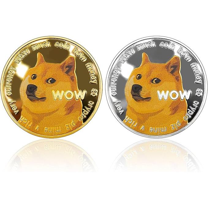 The 2pcs Dogecoin Coin Collection is a set of two Dogecoin-themed coins designed for collectors and fans of the popular meme cryptocurrency. One coin features the iconic Shiba Inu dog from the Dogecoin logo, while the other showcases the Dogecoin logo itself.