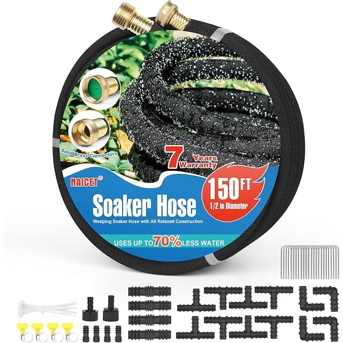 The Soaker Hose 150FT Heavy Duty Rubber is a durable and efficient watering solution for gardens, flower beds, and other landscape areas. Made from high-quality rubber material, this soaker hose is designed to last and withstand harsh weather conditions.