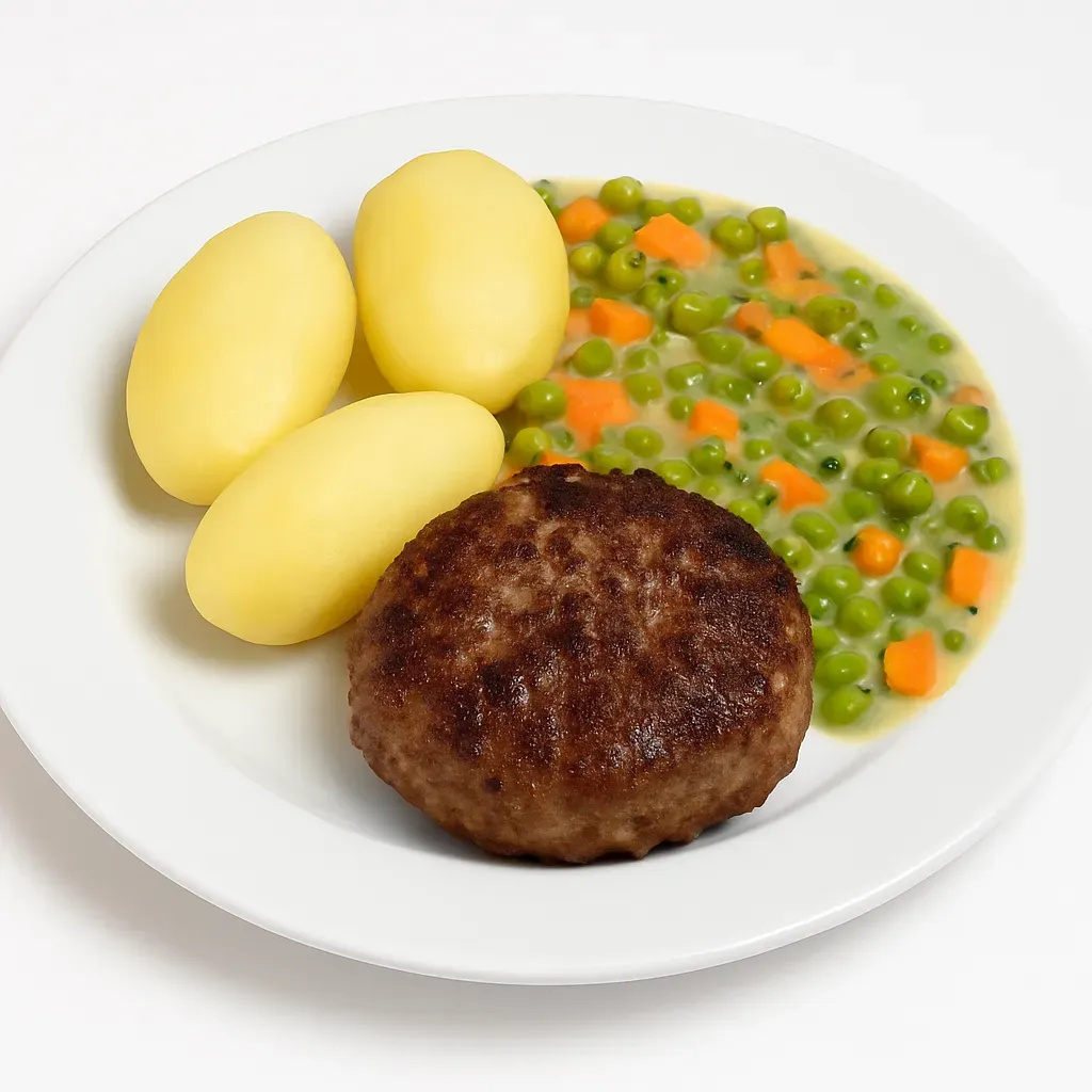 Experience the heartwarming flavors of traditional Danish Karbonader, delicious pan-fried minced meat patties served with boiled potatoes and rich sauces, perfect for a comforting meal.