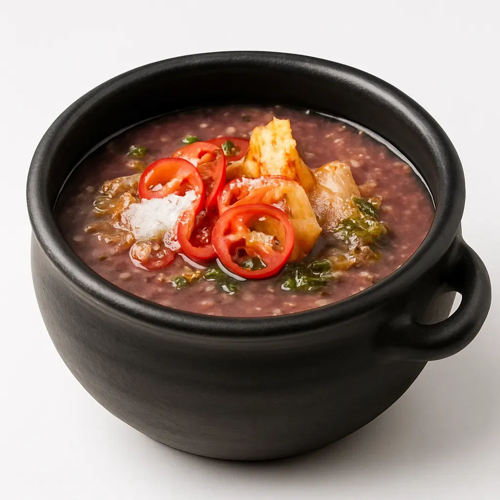 An enchanting stew from Northern Argentina's Jujuy region, featuring llama meat, blue potatoes, and enhanced with smoky potato bread and tangy onion pickles.