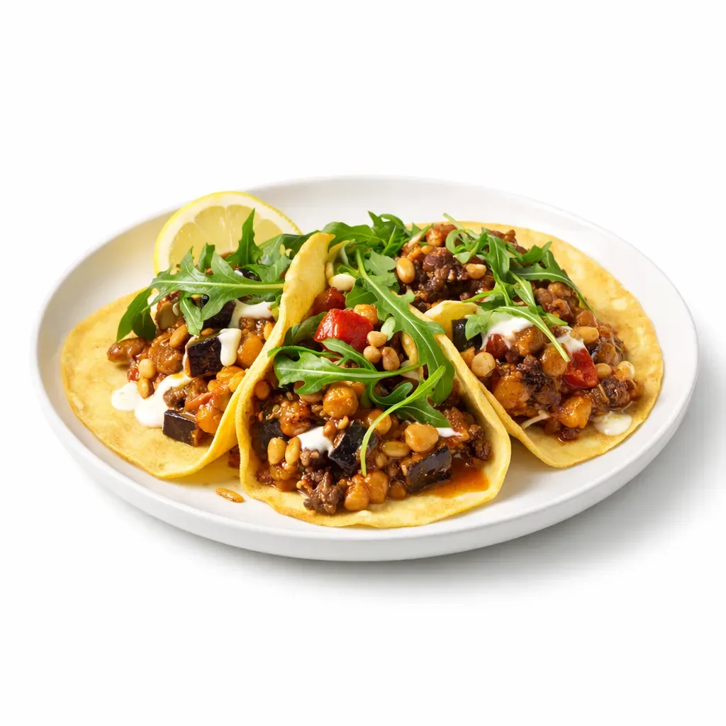 A delicious fusion of Middle Eastern and Mediterranean flavors, featuring chickpea flour crêpes filled with a spiced lamb and eggplant mixture.