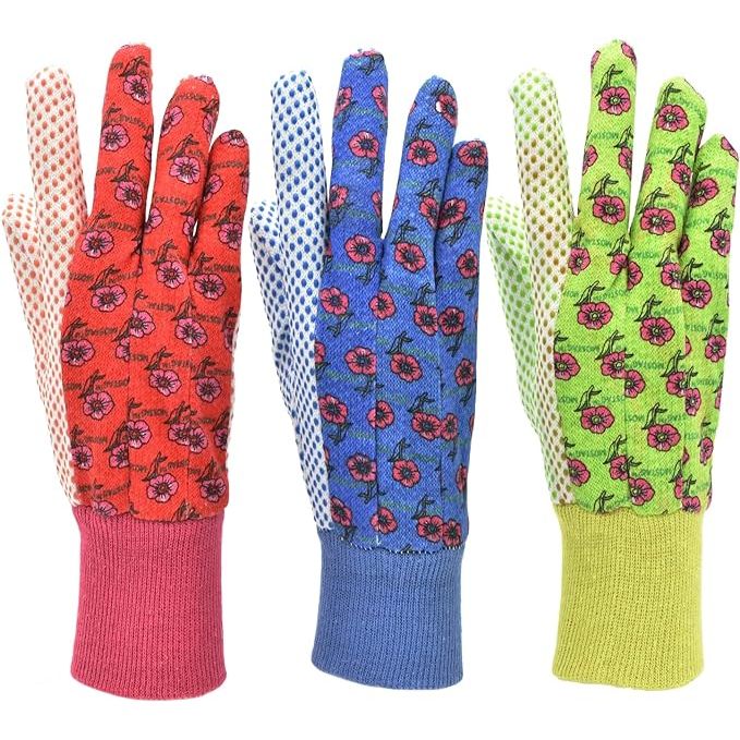 The G & F 1852-3 Women Soft Jersey Garden Gloves are designed specifically for female gardeners and workers. This pack contains 3 pairs of gloves in green, red, and blue colors, providing variety and style while working in the garden or on other tasks.