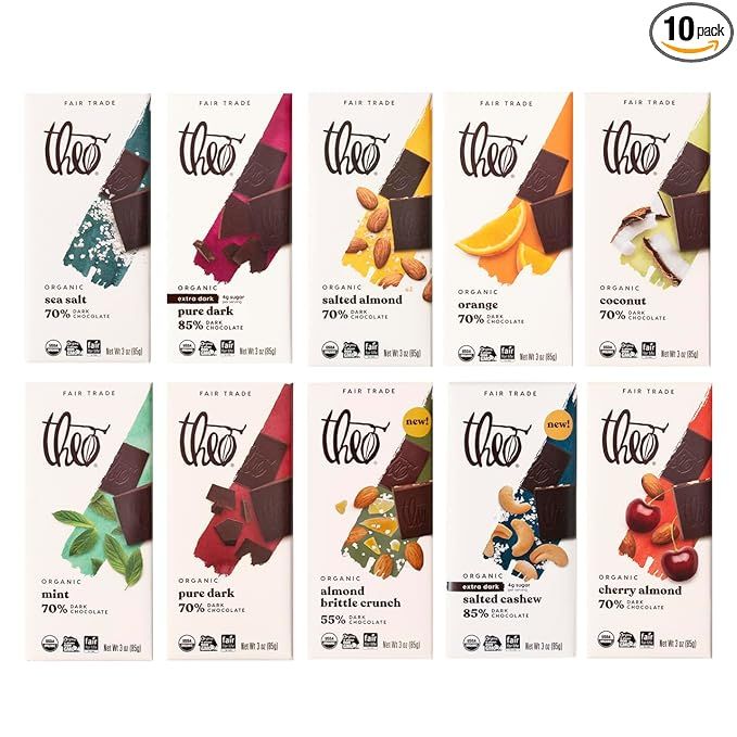 Theo Chocolate Organic Dark Chocolate Vegan Variety 10 Pack is a selection of ten different dark chocolate bars made from organic, fair trade ingredients. Each bar is vegan-friendly, ensuring that no animal products are used in the production process.