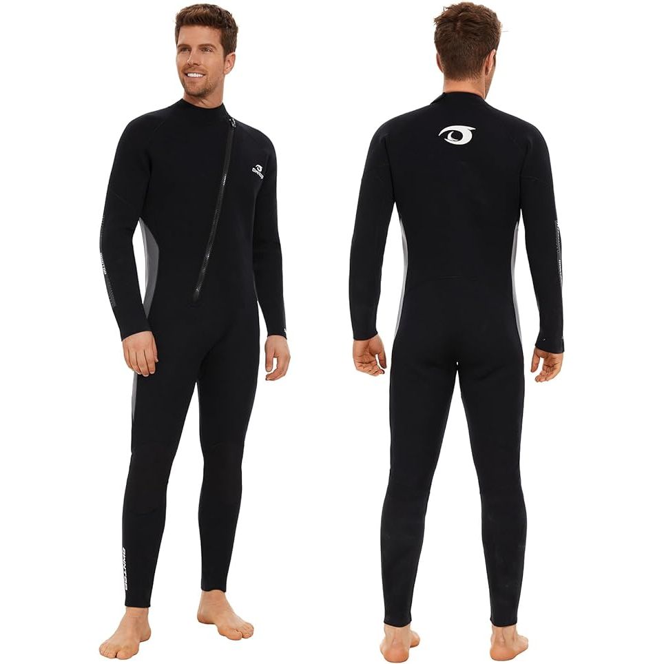 The Owntop Wetsuit is a 5mm neoprene diving suit designed for both men and women. It is made with high-quality materials to provide durability and warmth while underwater. The thicken full wet suit features a front zip and long sleeves, making it easy to put on and take off.