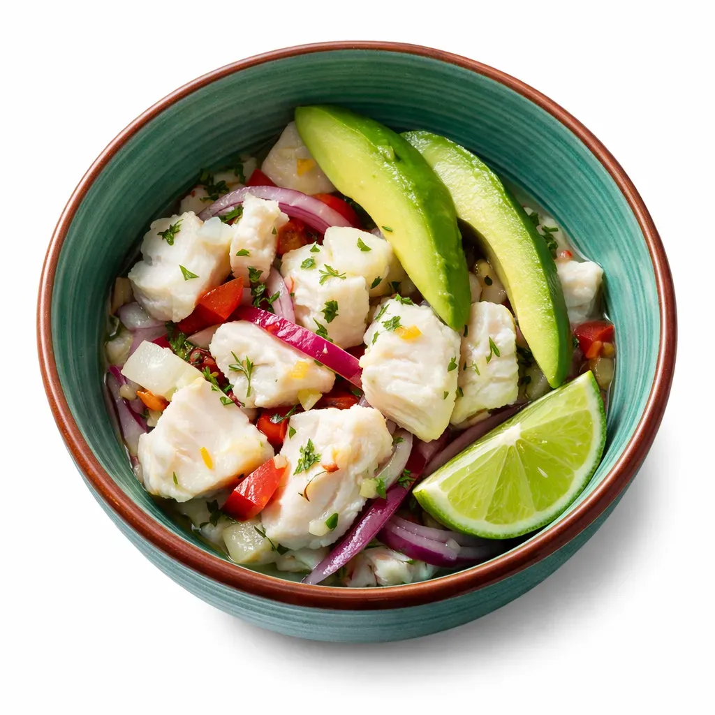 A vibrant and refreshing ceviche featuring fresh fish cured in zesty lime juice, perfect as an appetizer or light main course with tropical flavors.