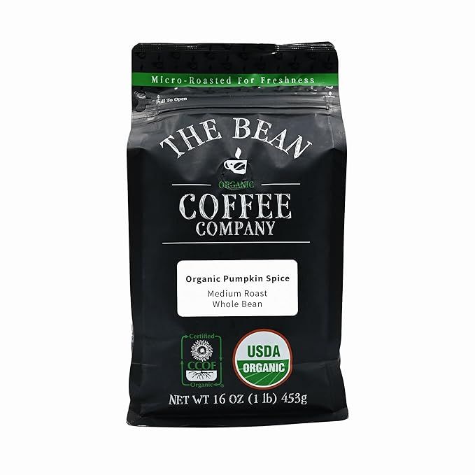 Indulge in the warm and inviting taste of Pumpkin Spice organic whole bean medium roast coffee from The Bean Organic Coffee Company. This holiday favorite can be enjoyed year-round with its bold flavor profile and hints of pumpkin.