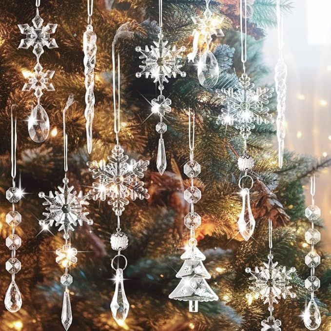 Add a touch of elegance to your Christmas tree with our 26pcs crystal ornaments set. This valuable pack includes 6 different styles, such as icicles, beads garlands, snowflakes, and Christmas trees, perfect for creating a dazzling holiday display. Crafted from high-quality acrylic, these ornaments are shatterproof and safe for children and pets.