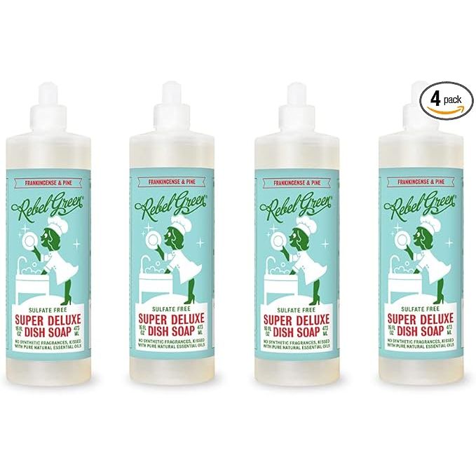 Rebel Green Super Deluxe Dish Soap is a natural dishwashing soap that is a sustainable and environmentally-friendly alternative to traditional dish detergents. The liquid dish detergent is scented with frankincense and pine for a fresh and invigorating aroma while cleaning dishes effectively.