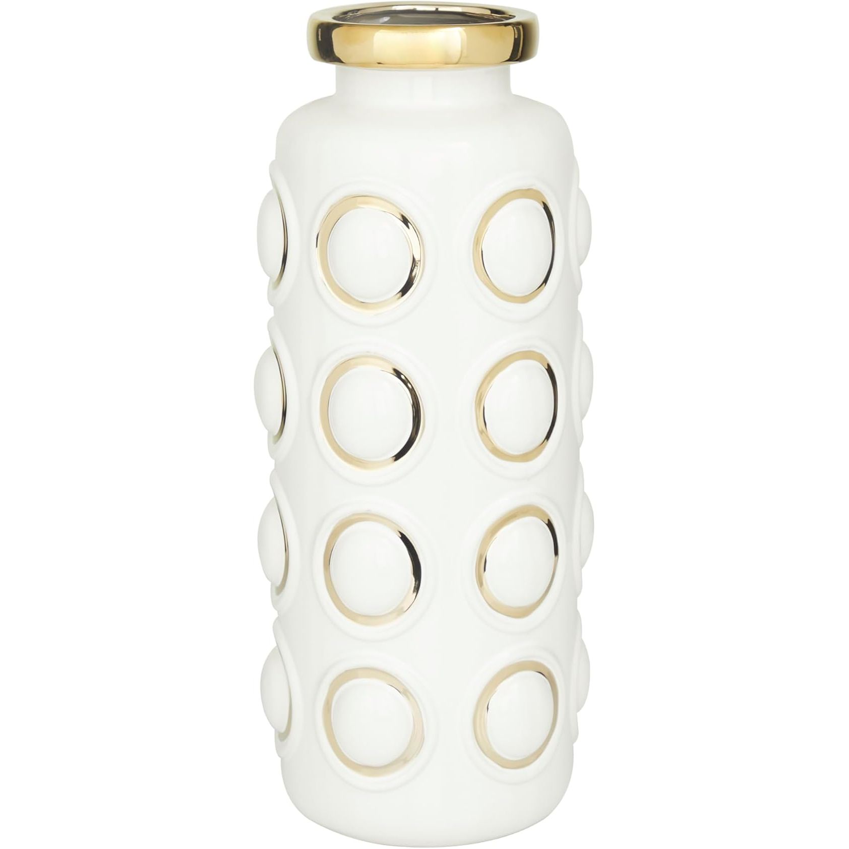 The CosmoLiving by Cosmopolitan Ceramic Decorative Vase is a stylish and contemporary centerpiece vase designed with gold circle accents. The vase is made from high-quality ceramic material and features a white finish that adds a pop of elegance to any home decor.