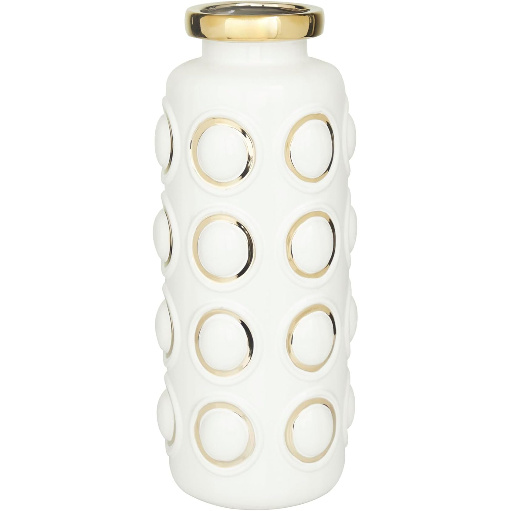 The CosmoLiving by Cosmopolitan Ceramic Decorative Vase is a stylish and contemporary centerpiece vase designed with gold circle accents. The vase is made from high-quality ceramic material and features a white finish that adds a pop of elegance to any home decor.