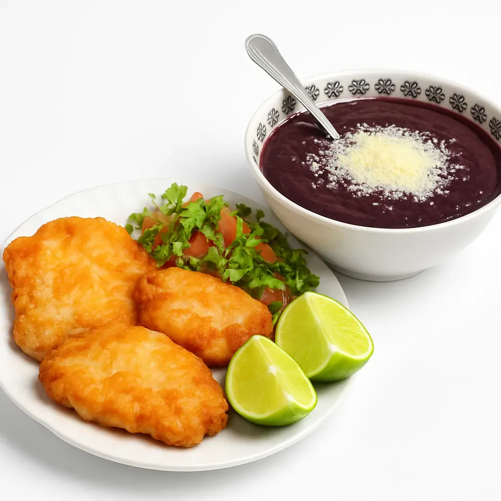 A traditional Brazilian dish from Pará featuring freshly extracted açaí pulp served with crispy fried fish, showcasing vibrant Amazonian flavors.