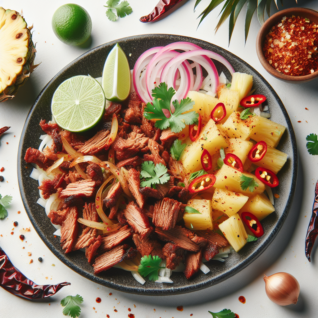 Mexican Al Pastor is a delectable dish renowned for its bold flavors and marinated succulence. The thin slices of pork are bathed in a blend of annatto paste, citrus, and aromatic spices, infusing it with a distinct tang and a hint of smokiness.