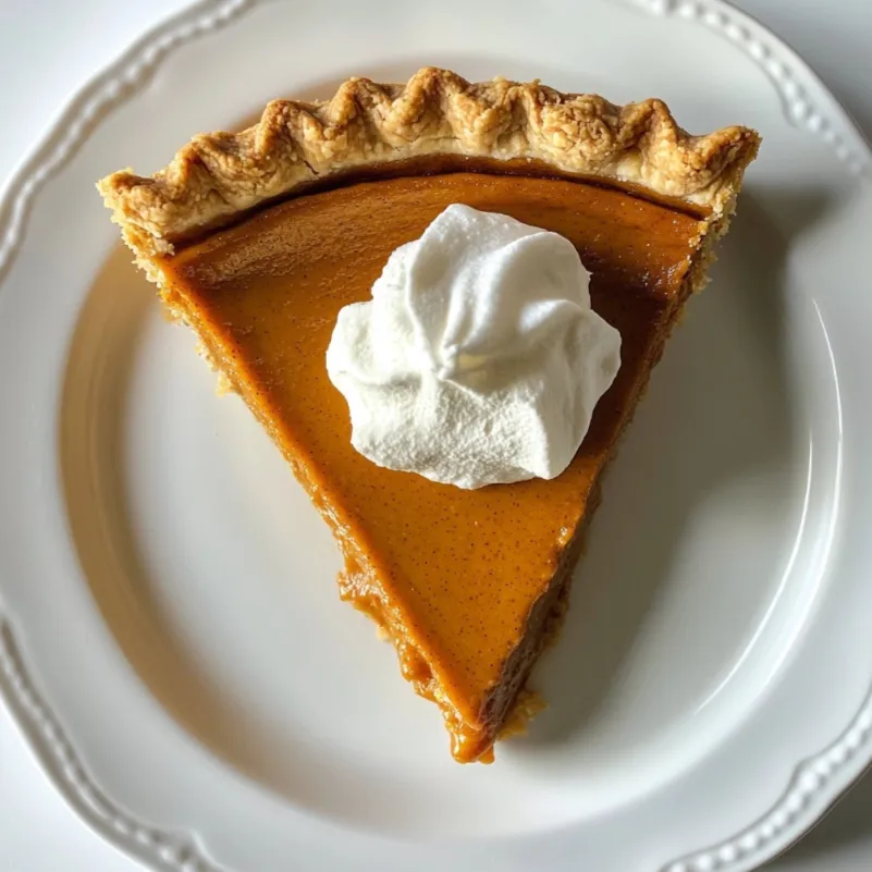 Pumpkin pie is a classic autumnal dessert featuring a smooth, spiced pumpkin custard resting in a flaky pie crust. The dish often includes a rich blend of cinnamon, nutmeg, ginger, and cloves, giving it a warm, comforting flavor.