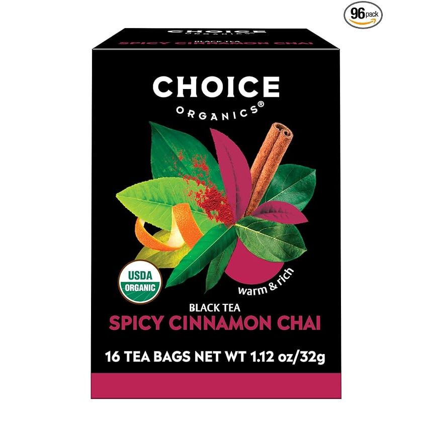 Choice Organics' Organic Spicy Cinnamon Chai Tea is a flavorful and aromatic blend that is both organic and Rainforest Alliance certified. This six-pack contains a total of 96 organic black tea bags, each infused with the warm and spicy flavors of cinnamon and traditional chai spices.