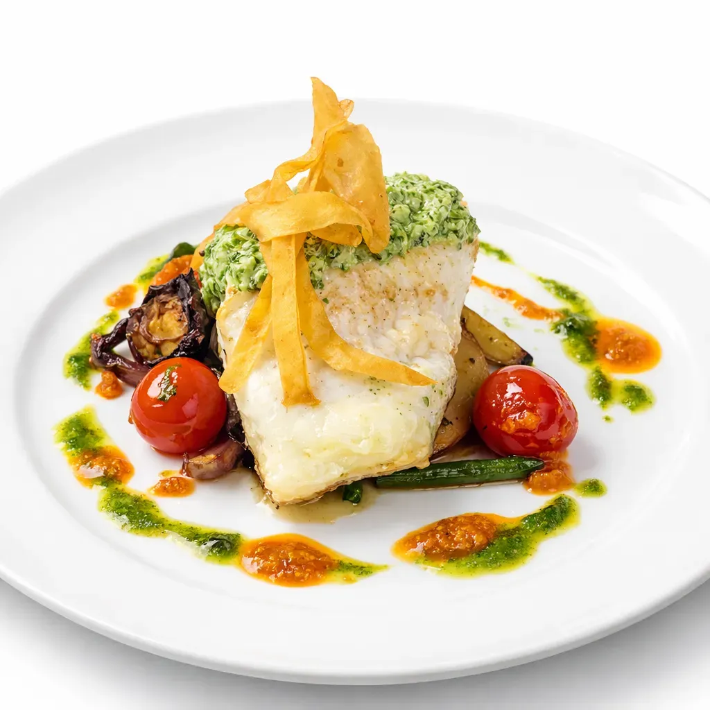 A deliciously crafted roasted cod dish featuring a cream cheese and herb glaze, served with an array of roasted vegetables and garnished with crispy parsnip ribbons.