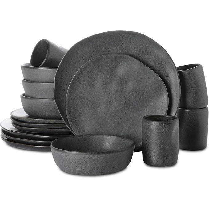 Elevate your dining experience with our exquisite stoneware dinnerware set, designed to serve a party of four. This set includes salad plates, dinner plates, bowls, and cups, each crafted with organic round shapes and intricate textures that enhance any table setting. The salad plates measure 8.