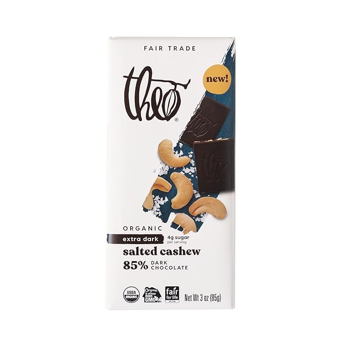 The Theo Chocolate Salted Cashew Organic Dark Chocolate Bar is a delicious and indulgent treat made from 85% cacao. It is vegan and fair trade, meaning that the ingredients used are sourced ethically and sustainably.