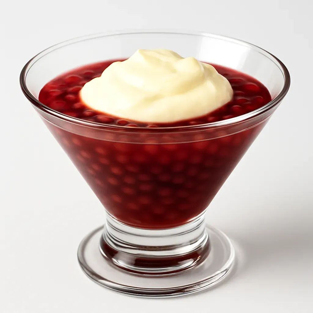Dive into a traditional Brazilian dessert from the heart of the Serra Gaúcha region — Sagu de Vinho Tinto com Creme de Baunilha, combining rich red wine-infused sagu pearls with luxurious vanilla cream for an indulgent ending to any meal.