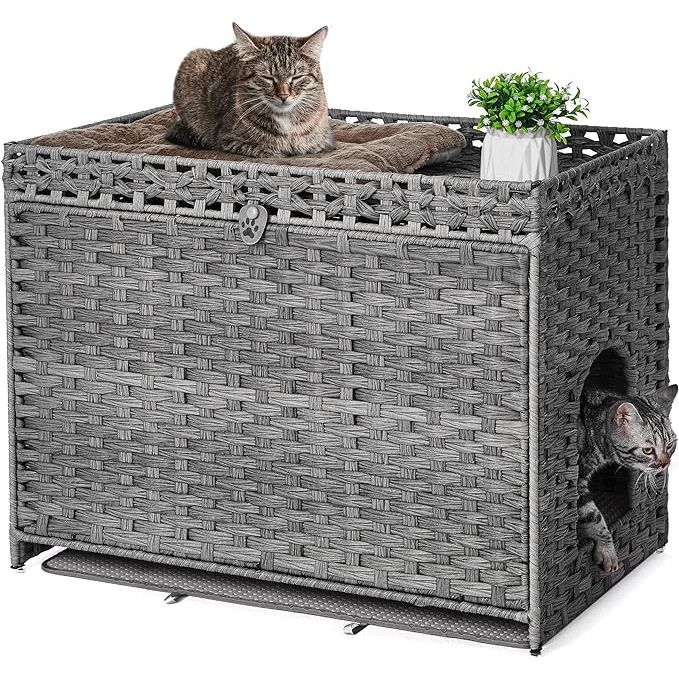 The Cat Litter Box Enclosure with Soft Litter Mat is a convenient and stylish way to hide your cat's litter box while also providing a soft mat for them to walk on. The hidden washroom furniture features a door for easy access and is handwoven with durable rattan material, giving it a natural and attractive look.