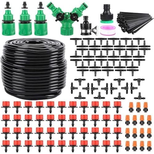 The Garden Drip Irrigation System 164FT Drip Irrigation Kit is a convenient and efficient way to water your garden, greenhouse, flower bed, patio, or lawn. This set includes tubing and all the necessary components to set up an automatic irrigation system for your plants.