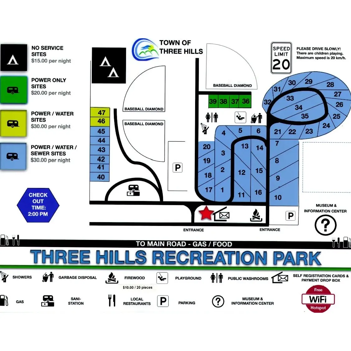 Three Hills Campground is a delightful retreat for outdoor enthusiasts and families alike, conveniently located within the charming town atmosphere. The campground offers a welcoming space for all types of campers, accommodating tents, campers and RVs with well-appointed sites that include picnic tables and fire pits. With services such as 30 amp, water, and sewer, guests find the amenities at each site, including the flat and even terrain, conducive to a comfortable stay.

Cleanliness is a hallmark of the campground, with modern indoor facilities that feature coin-operated showers and well-maintained plumbing. The attention to maintenance extends to the external areas, assuring guests a pleasant and sanitary environment throughout their visit. In addition to the impeccable grounds, families find endless entertainment at the nearby park, which houses a delightful playground that captivates the younger guests.

Recreation opportunities abound within close proximity to the campground. The adjacent baseball diamonds come alive with the thrill of the game, and the Three Hills Museum offers a cultural touchpoint for those interested in local history. For added convenience, all roads leading to the campground are paved, with clear signage, ensuring ease of access for guests.

While the in-park WiFi might challenge some, connectivity can readily be supplemented by your personal hotspots, allowing for uninterrupted digital communication. Guests desiring more urban conveniences will appreciate the short drive to the town's swimming pool, various stores, and a good assortment of shopping options. These urban perks complement the serene campground experience, offering a balance between nature and town amenities.

The value of the stay is notable, with competitive pricing that recognizes the quality of the park. The owners' welcoming and service-oriented nature contributes significantly to the overall positive atmosphere of the site, making Three Hills Campground a preferred choice for both short visits and longer stays. Whether stopping by for a peaceful overnight respite or looking for an extended getaway with the family, Three Hills Campground promises a memorable and delightful experience amidst the beauty of the surroundings and the convenience of town accessibility. Description by ChatGPT.