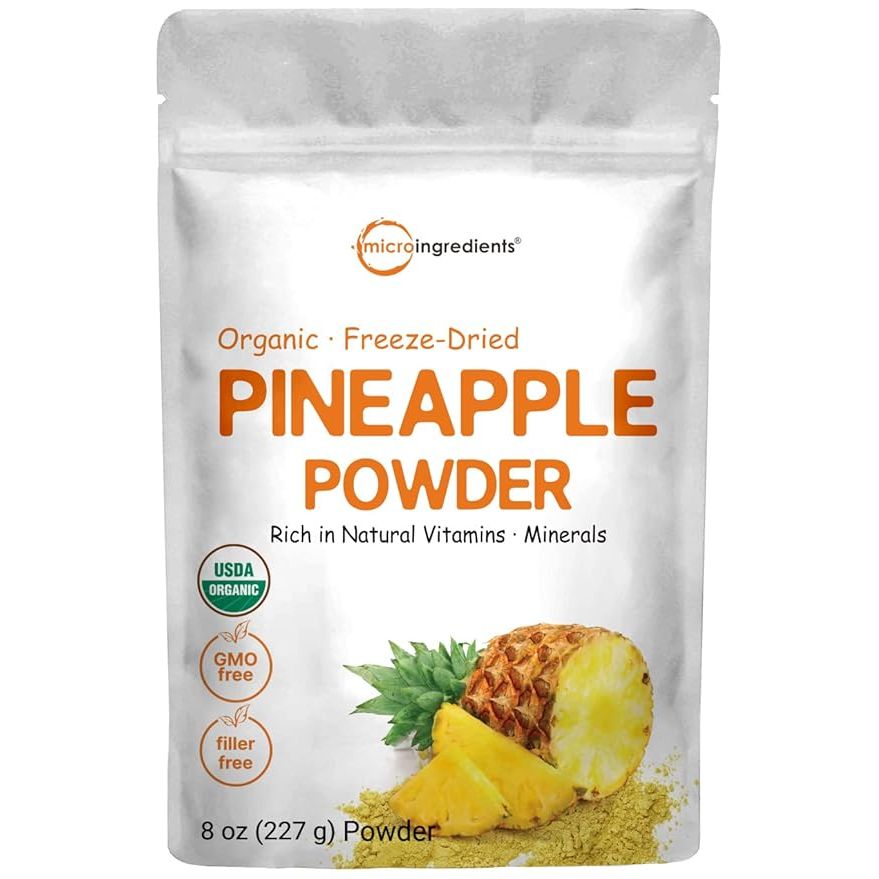 Organic Pineapple Powder is a natural fruit powder made from freeze-dried pineapples, retaining all the nutritional benefits of fresh pineapples without any added sugar or additives. It comes in an 8oz package, making it convenient to add to drinks, smoothies, and other beverages for a burst of pineapple flavor.