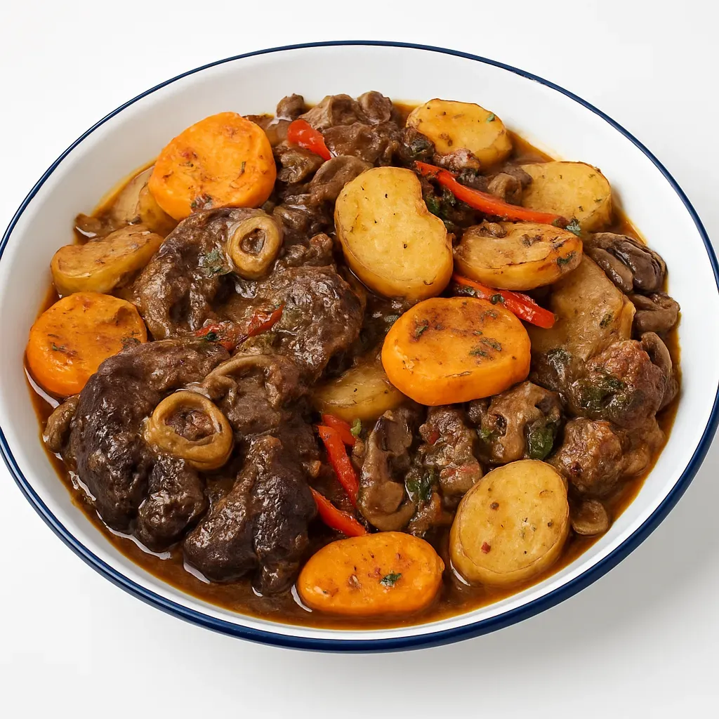 A soulful, rustic Argentine dish combining osso buco with squash and sweet potato purée, traditionally cooked outdoors over an open flame for a festive communal experience.