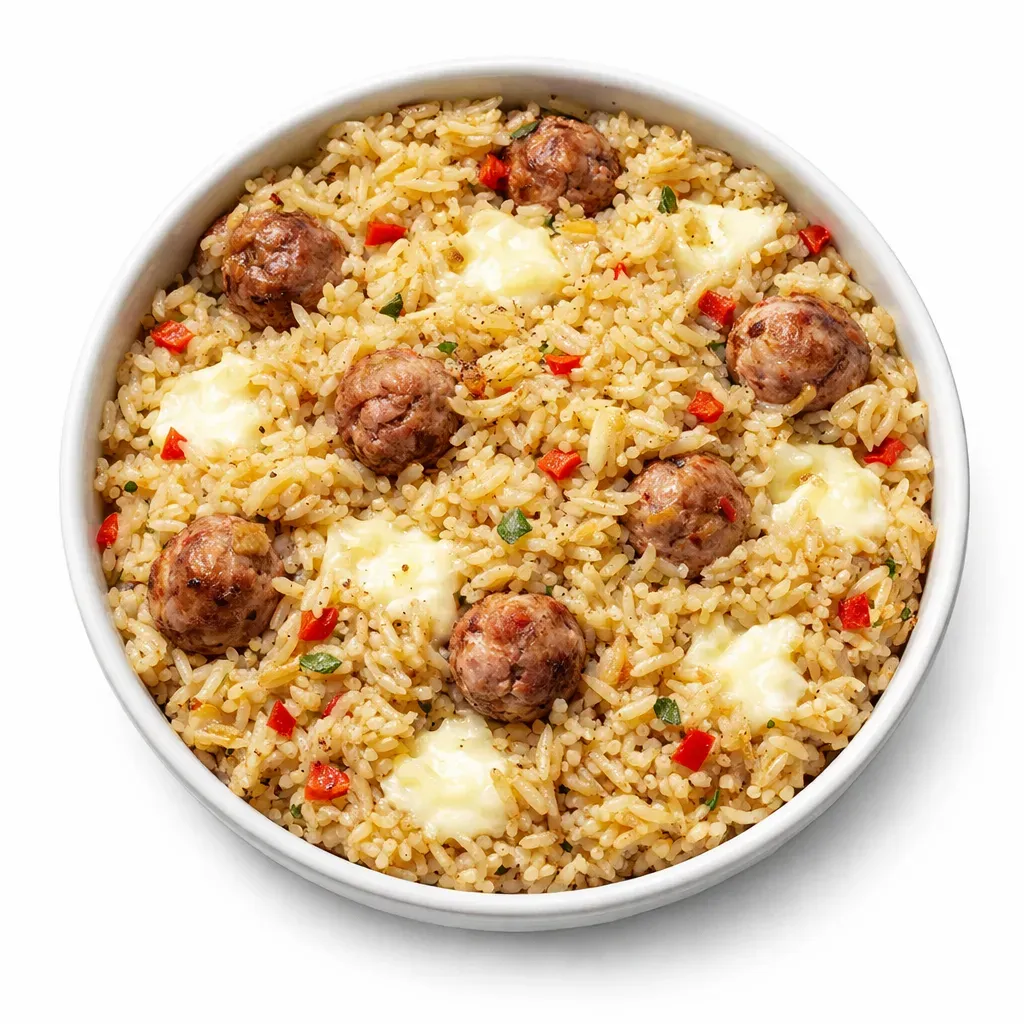Arroz Clavado is a savory and aromatic Colombian rice dish enriched with longaniza sausage, vibrant vegetable sofrito, and creamy coastal cheese. It's a celebration of flavor and texture, making it a perfect hearty main course.