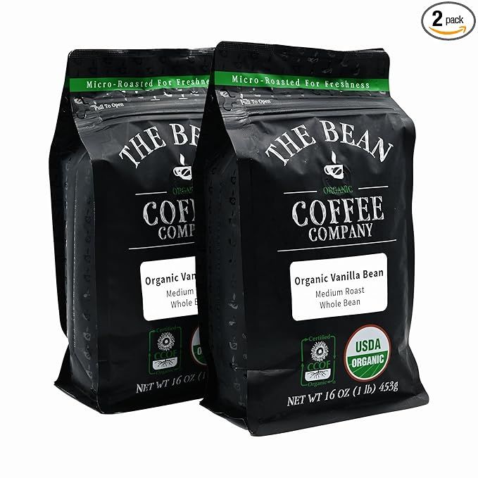 The Bean Organic Coffee Company Vanilla Bean is a medium roast whole bean coffee that comes in 16-ounce bags, sold as a pack of 2. This coffee is made from 100% Arabica beans that are certified organic and fair trade. The beans are sourced from small farms around the world, ensuring high quality and sustainable production practices.