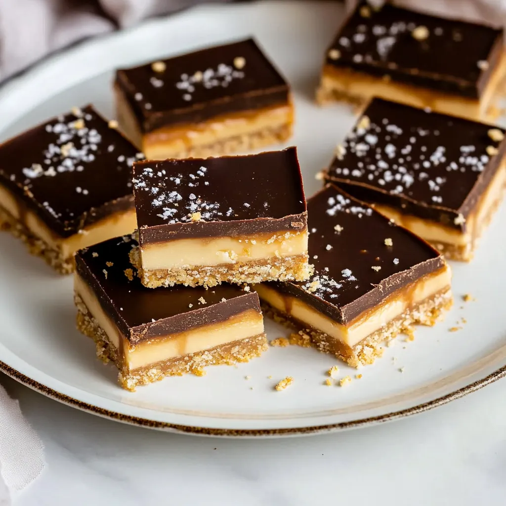 Millionärskekse or Millionaire's Shortbread is a decadent dessert featuring layers of crumbly shortbread, chewy toffee, and velvety chocolate. This treat starts with baking a simple shortbread base until it's golden and buttery. A rich toffee made from butter, brown sugar, and condensed milk is then poured over the shortbread and cooked to achieve a gooey caramel layer. Finally, the toffee is topped with a smooth layer of melted chocolate that sets into a glossy finish. Once cooled, the dessert is sliced into bite-sized pieces. Toffee Slices are perfect for those with a sweet tooth and make an excellent addition to any dessert spread, evoking a classic German flavor experience.