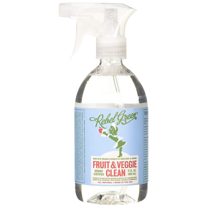 Rebel Green Cleaner Spray Veggie and Fruit is a non-toxic, environmentally-friendly cleaner designed specifically for cleaning fruits and vegetables. This 16 oz. spray is made with all-natural ingredients, including organic soapberry, organic apple cider vinegar, and purified water, making it safe for use on produce that will be consumed.