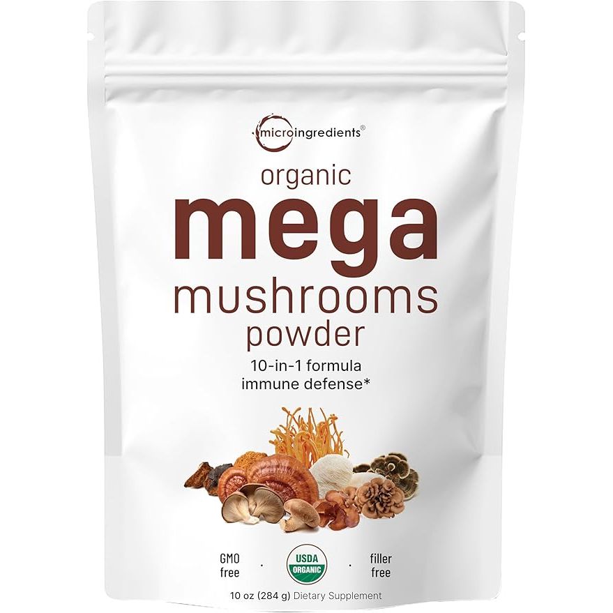 Micro Ingredients Organic Mega Mushroom 10 in 1 Complex Formula Powder is a dietary supplement designed to boost the immune system. It contains a blend of ten potent organic mushroom extracts, including Chaga, Lions Mane, Cordyceps, and Reishi, known for their immune-boosting properties.