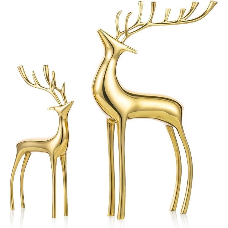 The Sziqiqi Reindeer Figurine Statues Deluxe Set of 2 is a luxurious Christmas decor item made of pure copper. These heavy reindeer ornaments are designed to enhance the aesthetics of any living room, office, bookshelf, tabletop, or mantle.