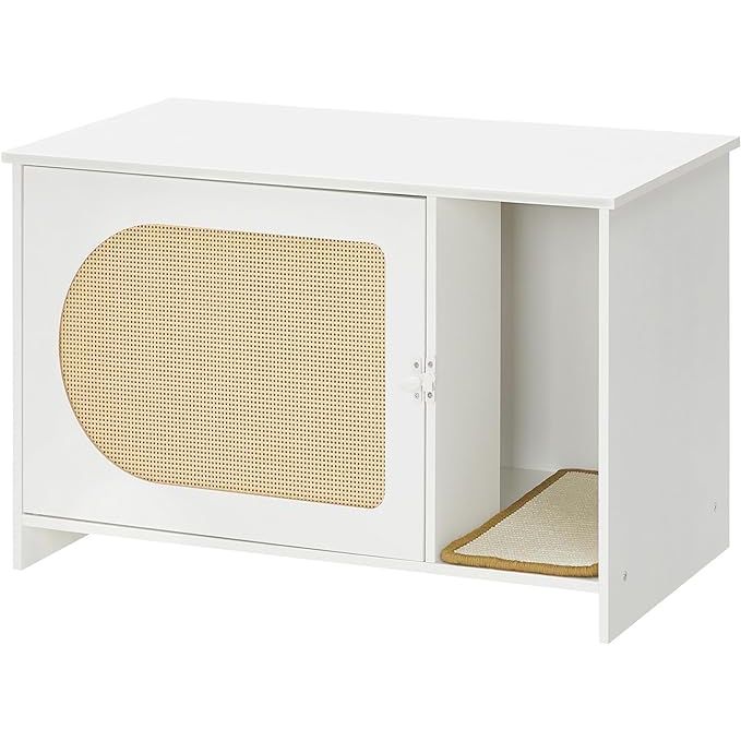 Add a touch of style and functionality to your home with this Stylish Cat Litter Box. Featuring a door with faux rattan decoration and a sleek white finish, this litter box seamlessly blends in with any indoor decor.