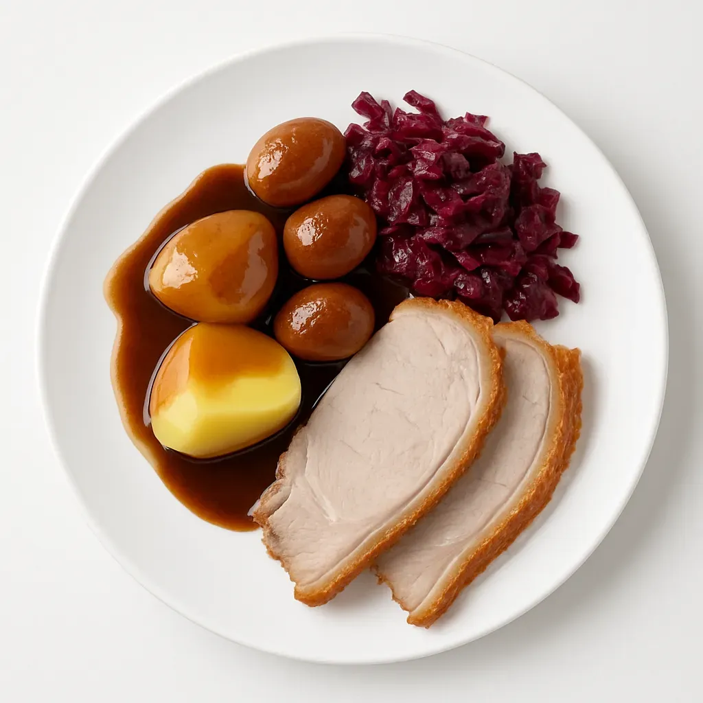 Experience a traditional Danish Christmas feast featuring Flæskesteg (pork roast with crispy crackling) accompanied by pickled red cabbage and caramelized potatoes, bringing warmth of Danish culinary heritage to your table.