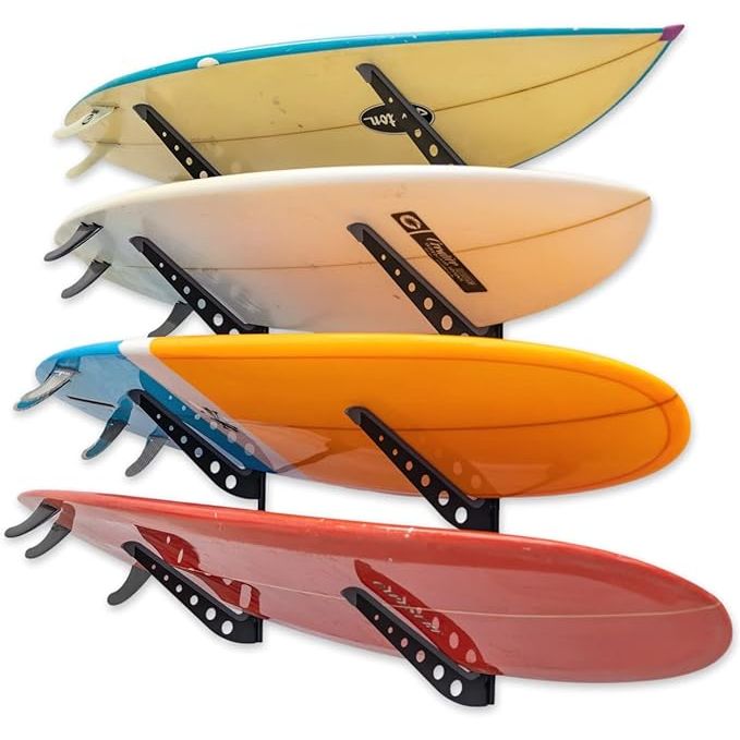 The StoreYourBoard Adjustable Surfboard Storage Rack is a versatile and durable solution for storing and displaying up to 4 surfboards on your wall. The rack is constructed from heavy-duty steel and features adjustable arms that can be moved to accommodate different sizes and shapes of surfboards.