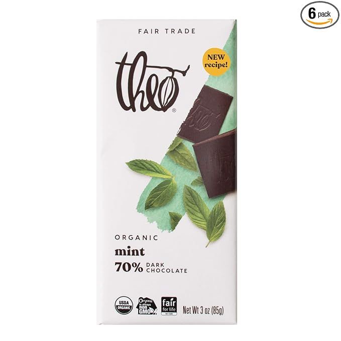 The Theo Chocolate Mint Organic Dark Chocolate Bar is a 70% cacao dark chocolate bar that comes in a pack of six. It is made with organic and fair trade ingredients, including cocoa beans sourced from the Democratic Republic of Congo and Ecuador. This dark chocolate bar is vegan and does not contain any dairy, soy, or gluten.