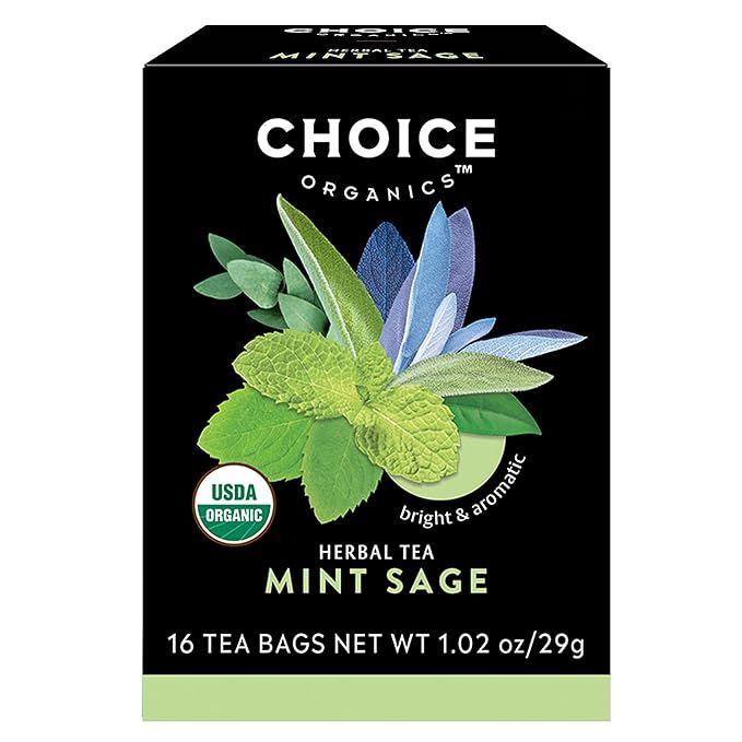 Choice Organic Mint Sage Herbal Tea is a caffeine-free herbal tea made from a blend of organic sage and mint leaves. Each box contains 16 tea bags, and this listing is for a pack of 6 boxes, providing a total of 96 tea bags. 
This herbal tea is created using high-quality, organic ingredients sourced from sustainable farms.